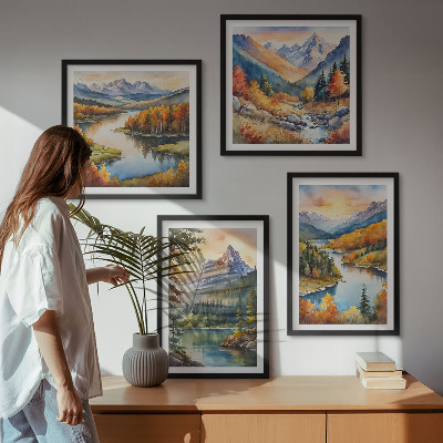 Ensemble de 4 tableaux Paysages de montagne avec une rivière