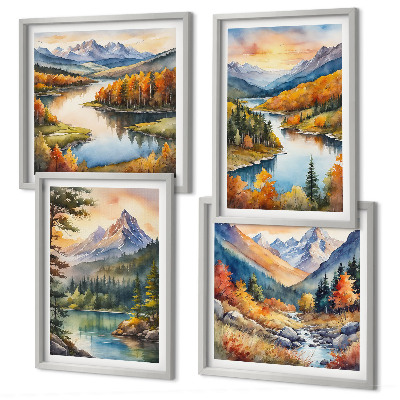 Ensemble de 4 tableaux Paysages de montagne avec une rivière