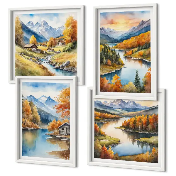 Ensemble de 4 tableaux représentant un chalet au bord de la rivière dans les montagnes en automne