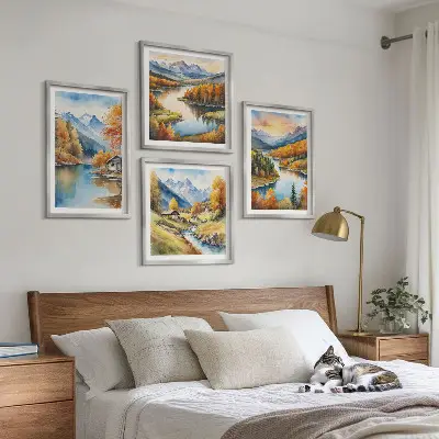 Ensemble de 4 tableaux représentant un chalet au bord de la rivière dans les montagnes en automne