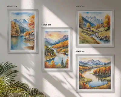 Ensemble de 4 tableaux représentant un chalet au bord de la rivière dans les montagnes en automne