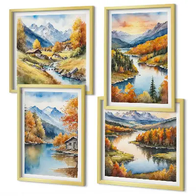 Ensemble de 4 tableaux représentant un chalet au bord de la rivière dans les montagnes en automne