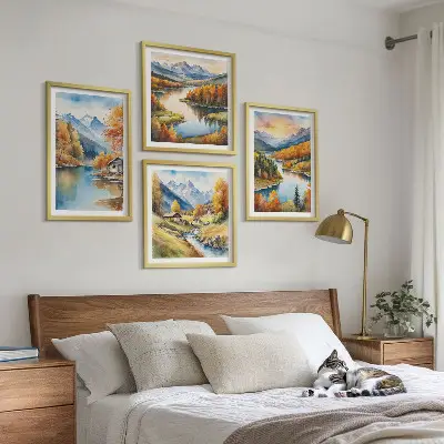 Ensemble de 4 tableaux représentant un chalet au bord de la rivière dans les montagnes en automne