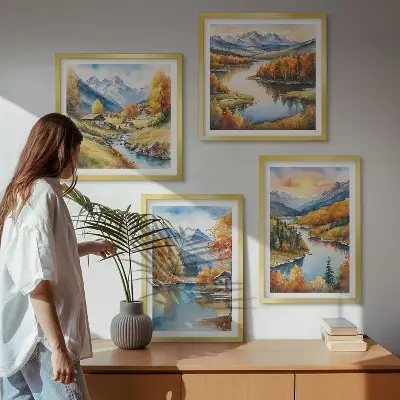 Ensemble de 4 tableaux représentant un chalet au bord de la rivière dans les montagnes en automne