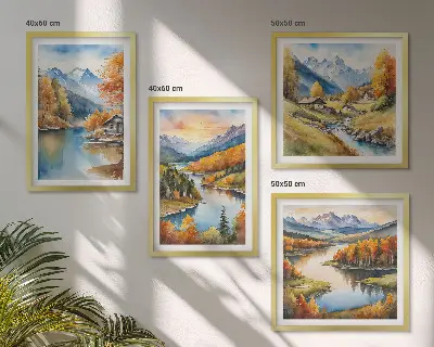 Ensemble de 4 tableaux représentant un chalet au bord de la rivière dans les montagnes en automne