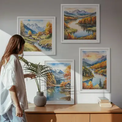 Ensemble de 4 tableaux représentant un chalet au bord de la rivière dans les montagnes en automne