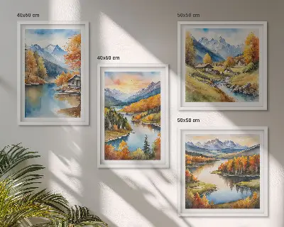 Ensemble de 4 tableaux représentant un chalet au bord de la rivière dans les montagnes en automne