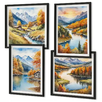 Ensemble de 4 tableaux représentant un chalet au bord de la rivière dans les montagnes en automne