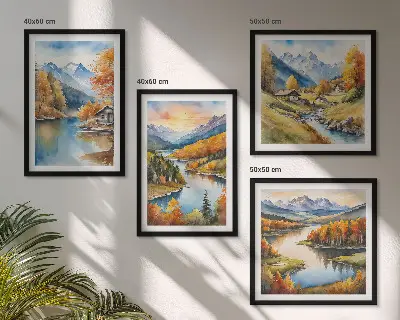 Ensemble de 4 tableaux représentant un chalet au bord de la rivière dans les montagnes en automne