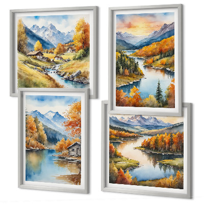 Ensemble de 4 tableaux Chalet au bord de la rivière dans les montagnes d'automne