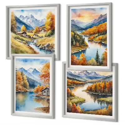 Ensemble de 4 tableaux représentant un chalet au bord de la rivière dans les montagnes en automne
