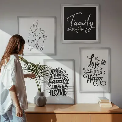 Mur de tableaux sur le thème de la famille, de l'amour, de la chaleur et du foyer