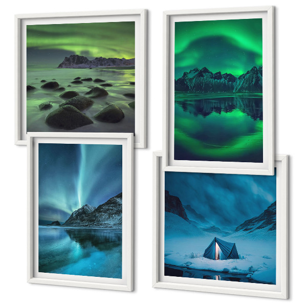 Ensemble de 4 tableaux Paysage d'hiver avec aurores boréales