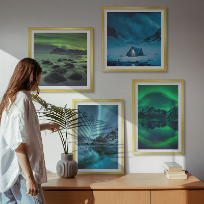 Ensemble de 4 tableaux Paysage d'hiver avec aurores boréales