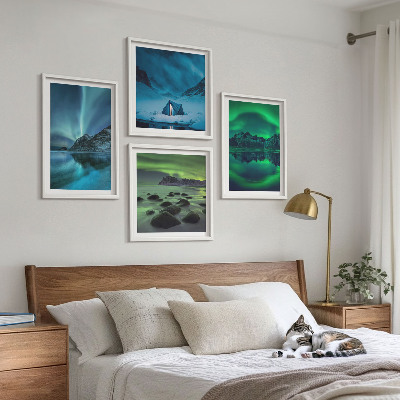 Ensemble de 4 tableaux Paysage d'hiver avec aurores boréales
