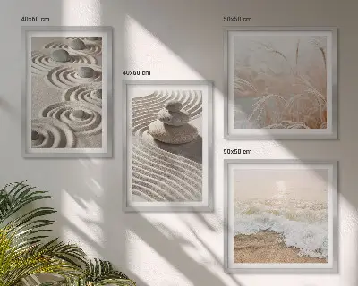 Tableau polyptyque 2 cadres vagues, sable, eau et pierres sur la plage