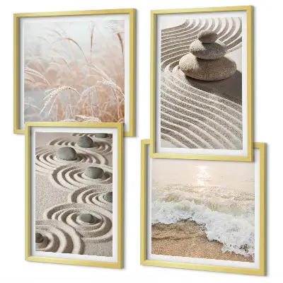Tableau polyptyque 2 cadres vagues, sable, eau et pierres sur la plage