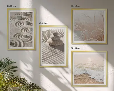 Tableau polyptyque 2 cadres vagues, sable, eau et pierres sur la plage