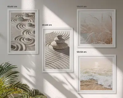 Tableau polyptyque 2 cadres vagues, sable, eau et pierres sur la plage