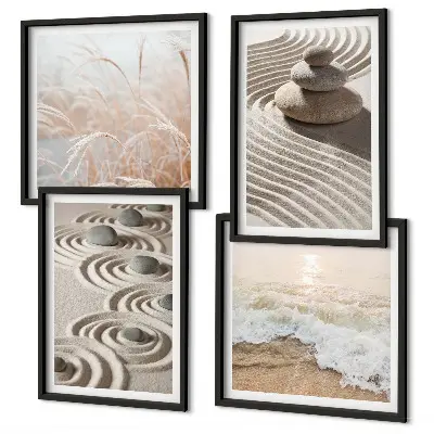 Tableau polyptyque 2 cadres vagues, sable, eau et pierres sur la plage