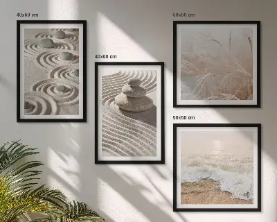 Tableau polyptyque 2 cadres vagues, sable, eau et pierres sur la plage