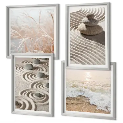 Tableau polyptyque 2 cadres vagues, sable, eau et pierres sur la plage