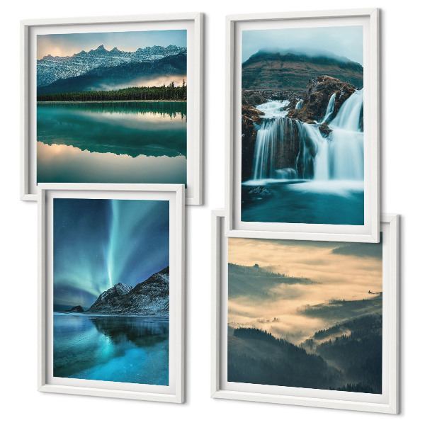 Ensemble de 4 tableaux Paysages d'hiver, cascades, aurores boréales