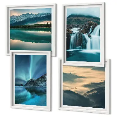 Ensemble de 4 tableaux représentant des paysages d'hiver, des cascades et des aurores boréales