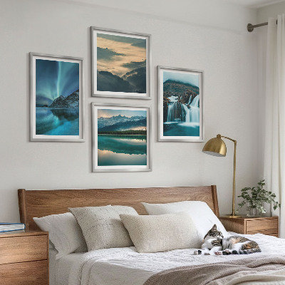Ensemble de 4 tableaux Paysages d'hiver, cascades, aurores boréales