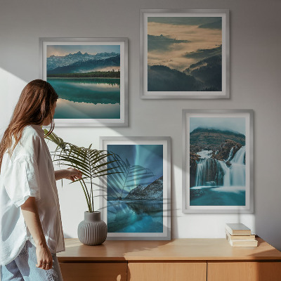 Ensemble de 4 tableaux Paysages d'hiver, cascades, aurores boréales