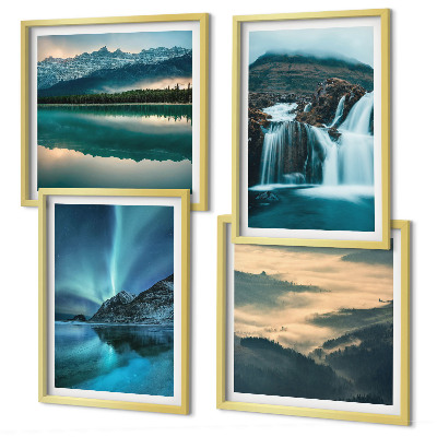 Ensemble de 4 tableaux Paysages d'hiver, cascades, aurores boréales