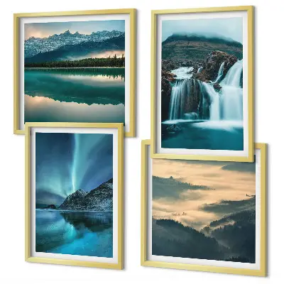 Ensemble de 4 tableaux représentant des paysages d'hiver, des cascades et des aurores boréales