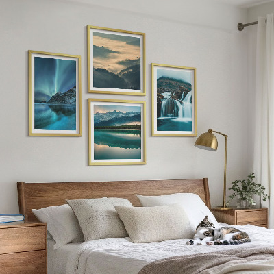 Ensemble de 4 tableaux Paysages d'hiver, cascades, aurores boréales