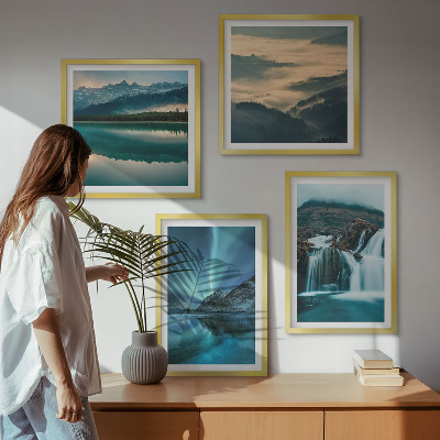 Ensemble de 4 tableaux Paysages d'hiver, cascades, aurores boréales