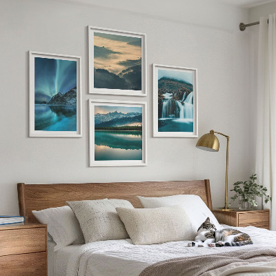 Ensemble de 4 tableaux Paysages d'hiver, cascades, aurores boréales