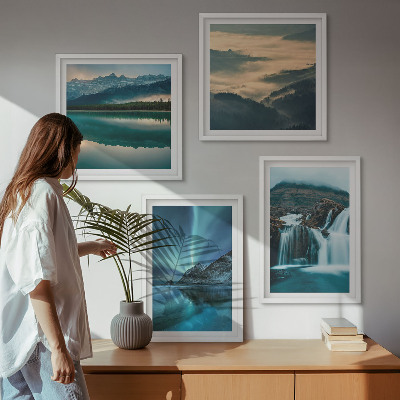 Ensemble de 4 tableaux Paysages d'hiver, cascades, aurores boréales