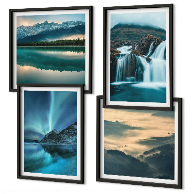 Ensemble de 4 tableaux Paysages d'hiver, cascades, aurores boréales