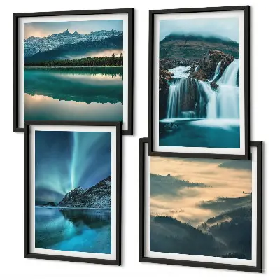 Ensemble de 4 tableaux représentant des paysages d'hiver, des cascades et des aurores boréales