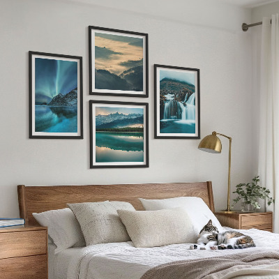 Ensemble de 4 tableaux Paysages d'hiver, cascades, aurores boréales
