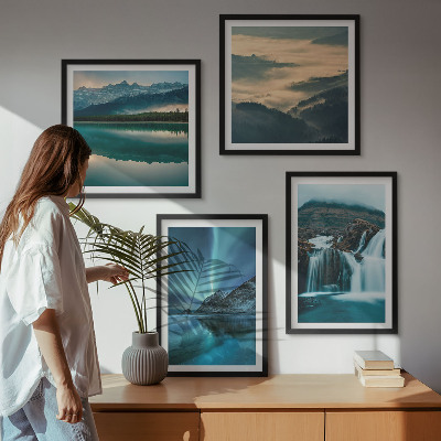 Ensemble de 4 tableaux Paysages d'hiver, cascades, aurores boréales