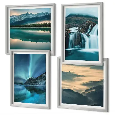 Ensemble de 4 tableaux représentant des paysages d'hiver, des cascades et des aurores boréales