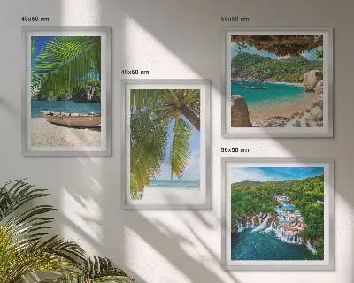 Mur de tableaux plage, bateau, cascades et palmiers