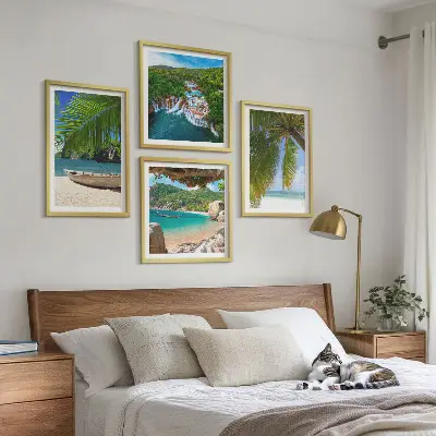 Mur de tableaux plage, bateau, cascades et palmiers