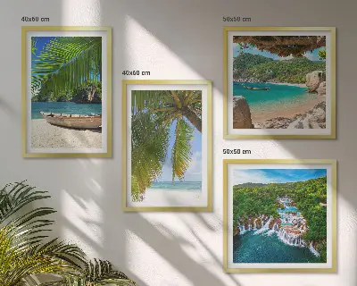 Mur de tableaux plage, bateau, cascades et palmiers