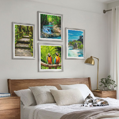 Ensemble de 4 tableaux Cascade de perroquets de la forêt tropicale