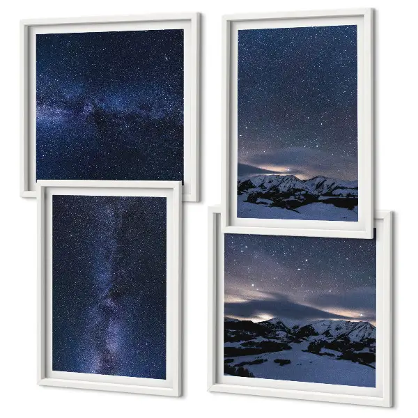 Ensemble de 4 tableaux ciel nocturne avec montagnes et étoiles