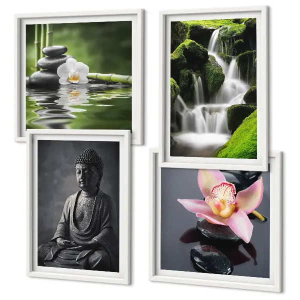 Mur de tableaux peintures zen avec galets d'eau et bouddha