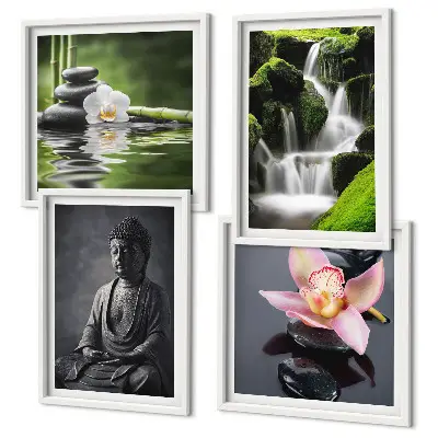 Mur de tableaux peintures zen avec galets d'eau et bouddha