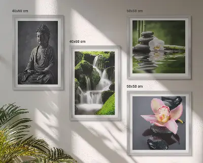 Mur de tableaux peintures zen avec galets d'eau et bouddha