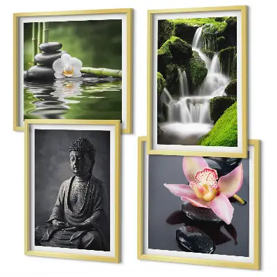 Mur de tableaux peintures zen avec galets d'eau et bouddha